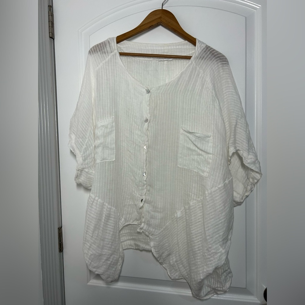 Made in Italy 100% Linen White Button-Front Blouse OS flowy beach coastal chic